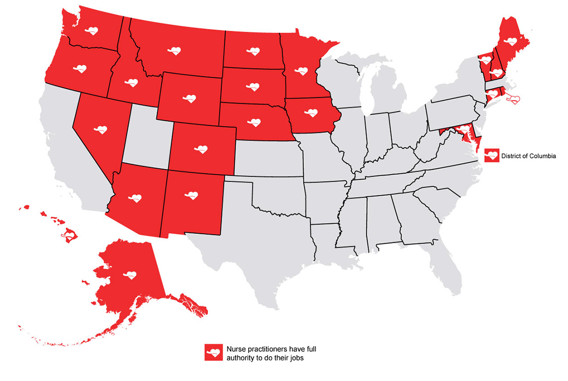 United States map shows states where nurses have full authority