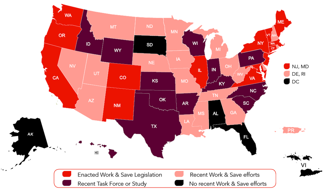 Map of the United States showing states that have enacted work and save legislation