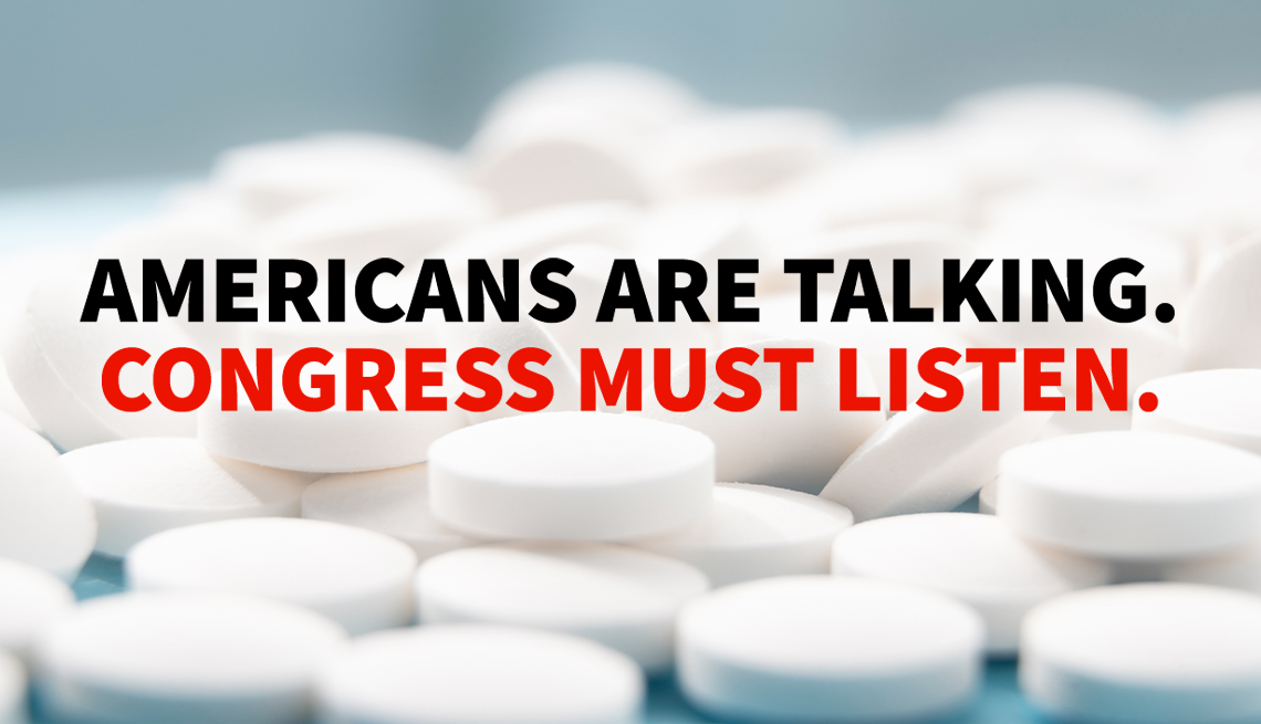 medication pills with the text americans are talking congress must listen above it