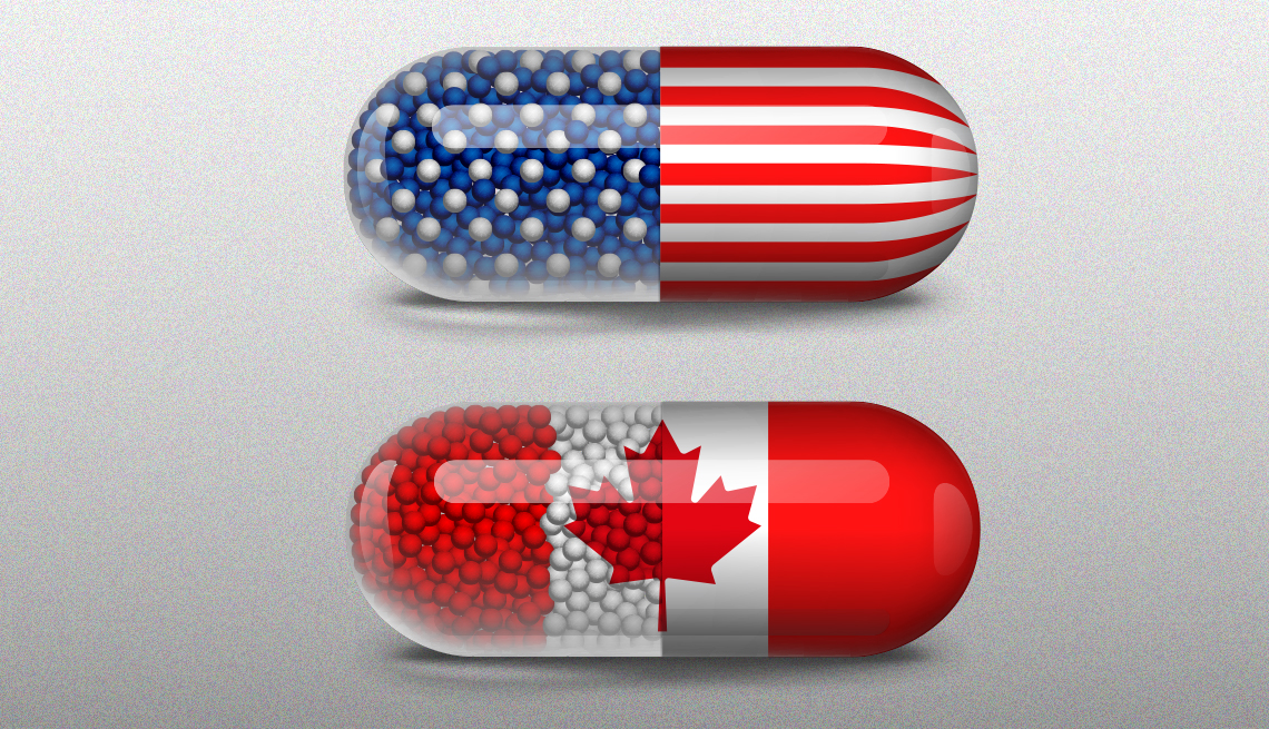 Dos pastillas, una con la bandera de Estados Unidos y otra con la bandera de Canadá