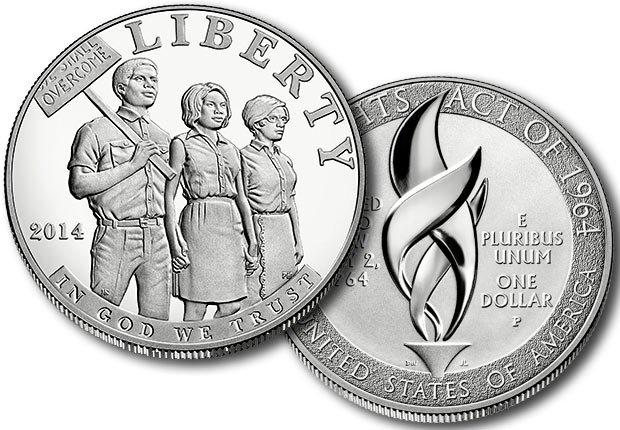 The 2014 Civil Rights Act of 1964 Silver Dollar features three people holding hands at a civil rights march.