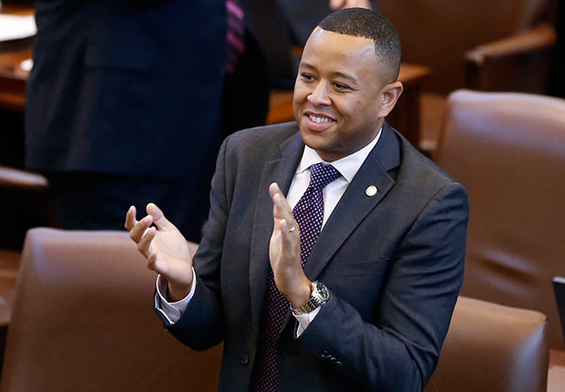 Speaker of the Oklahoma House, Rep. T.W Shannon, R-Lawton, applauds on the floor of the House during the second day of a special session of the legislature in Oklahoma City.