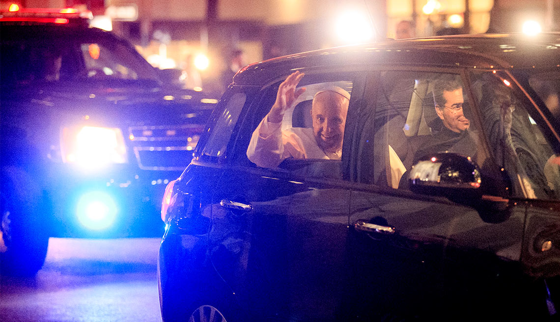 Pope Francis waves from Fiat, New York