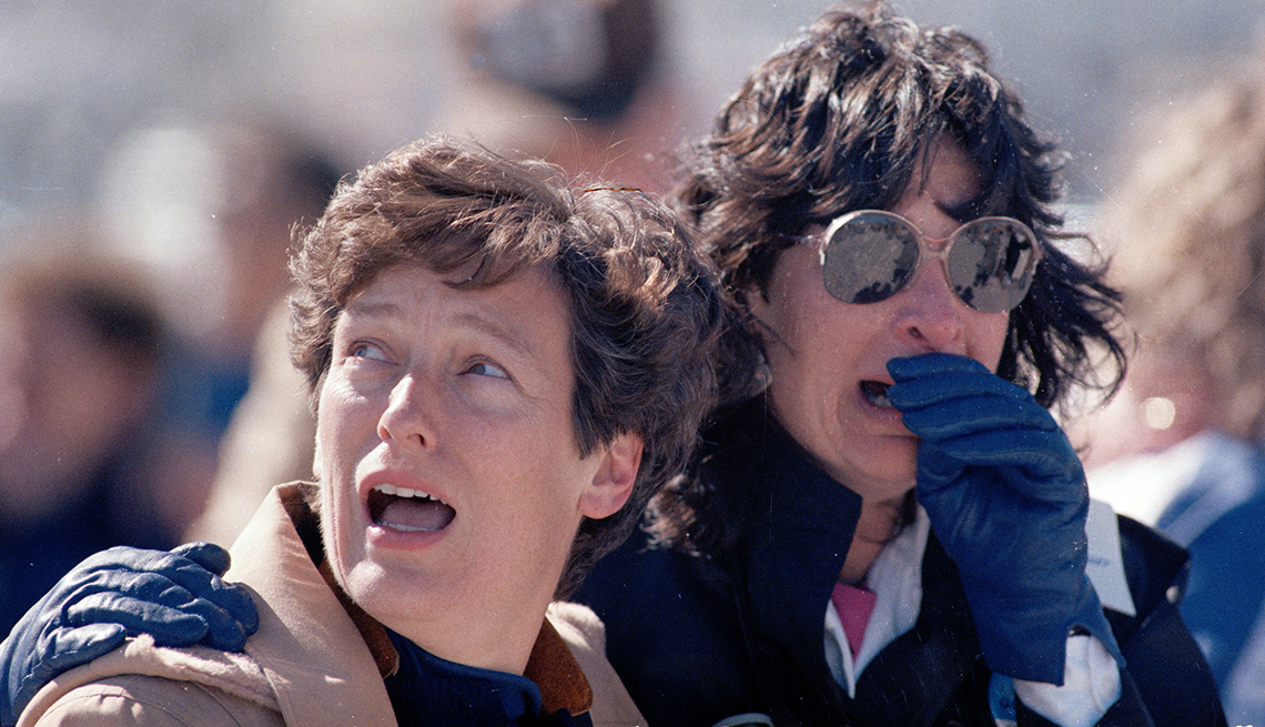Spectators watch in horror as the space shuttle Challenger broke into pieces on January 28, 1986.