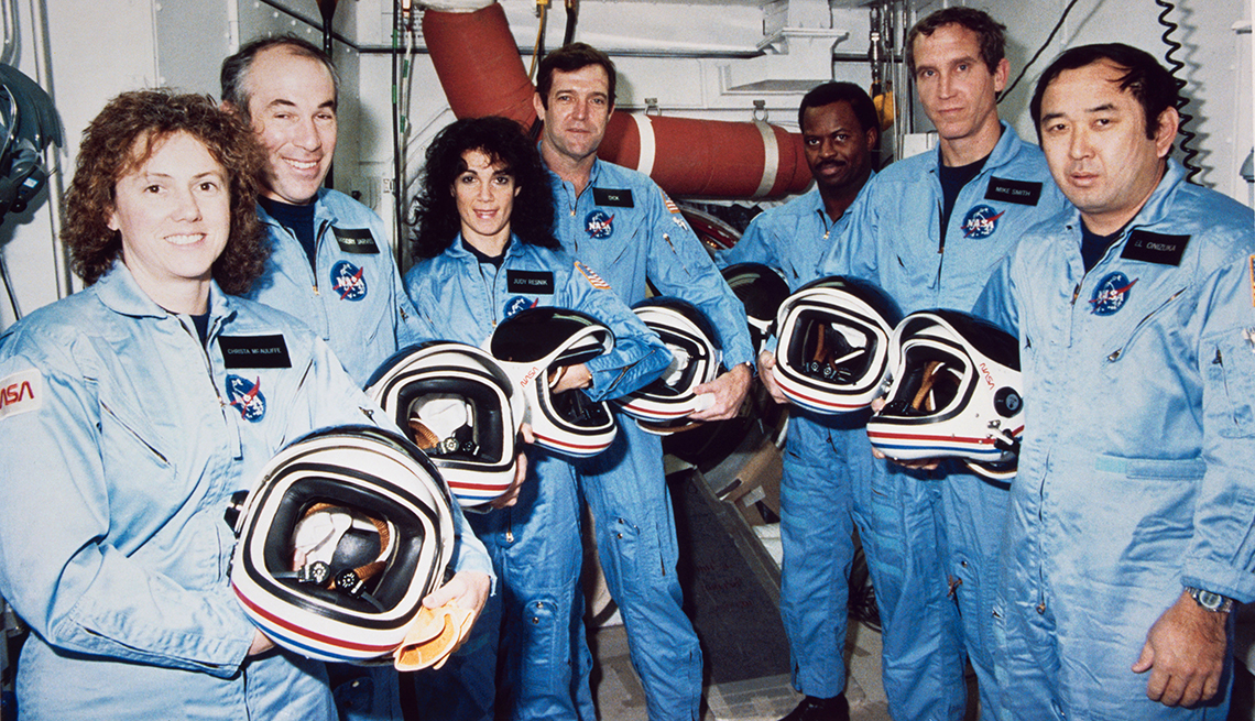The Challenger crew takes a break during countdown training at NASA's Kennedy Space Center. Left to right are Christa McAuliffe; Gregory Jarvis; Judith A. Resnik; Francis R. (Dick) Scobee, mission commander; Ronald E. McNair; Mike J. Smith; and Ellison S. Onizuka.