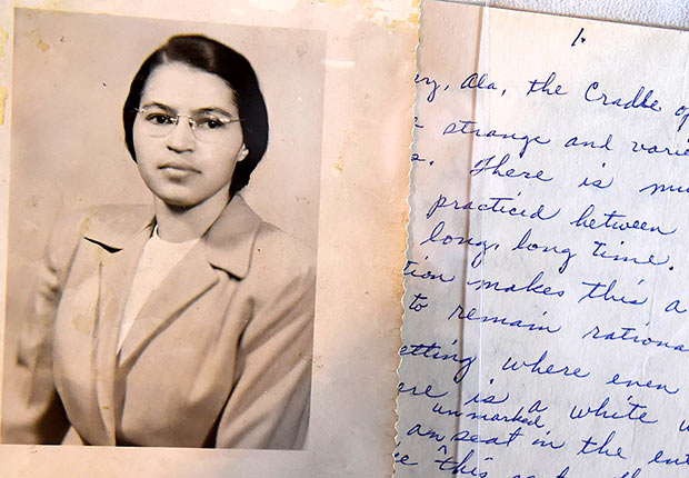 A photo and a hand written page that is part of a Rosa Parks archive 