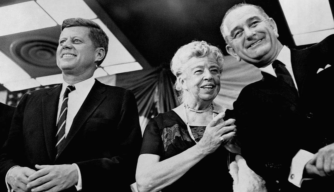 Eleanor Roosevelt, the former first lady and widow of Franklin D. Roosevelt, appears at a New York rally to support Kennedy and his running mate, Lyndon B. Johnson. 