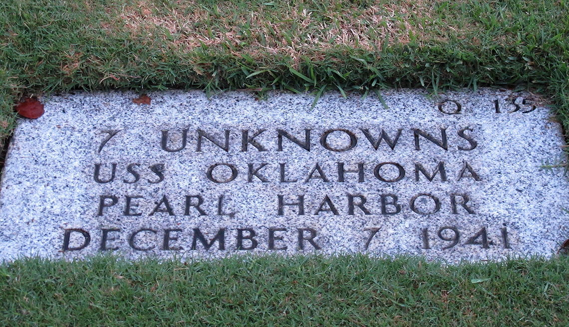 Gravestone for seven unknown people killed when the U S S Oklahoma sank during the attack on Pearl Harbor