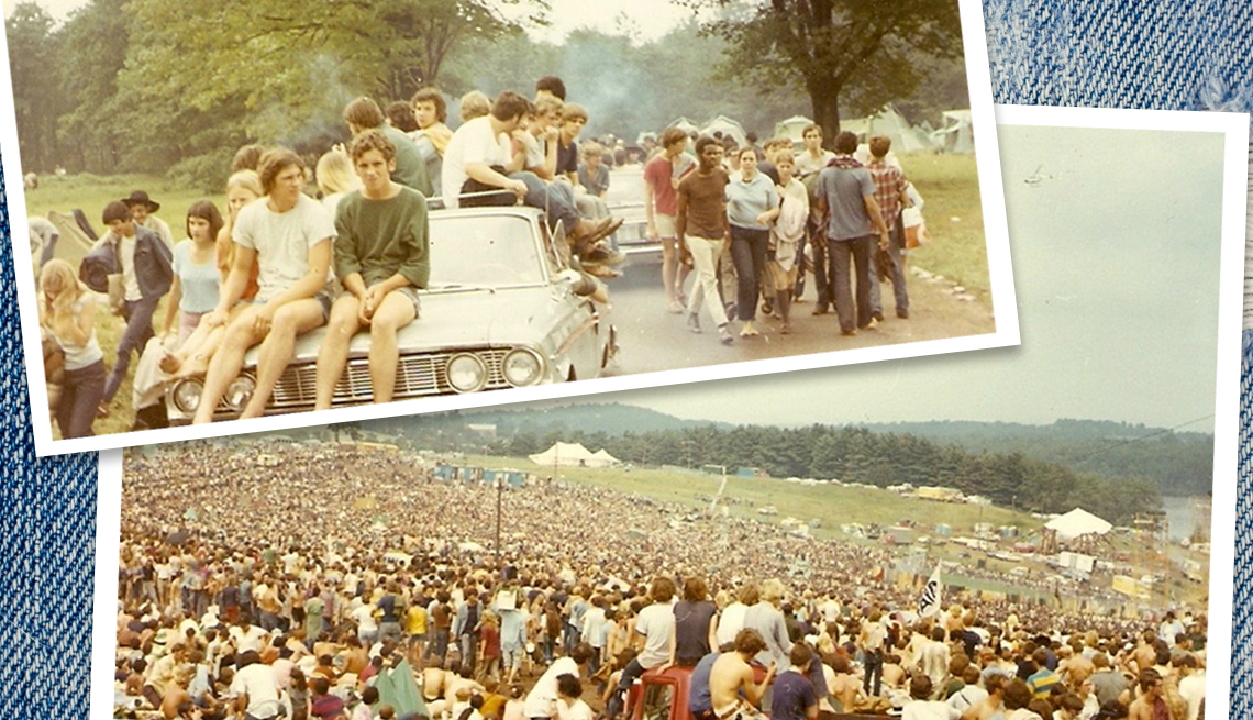 item 8 of Gallery image - two images of the scene at Woodstock in 1969 - one of a crowd of people sitting on top of and walking by stopped cars along a road, the other is a wide shot of the massive crowd at the site