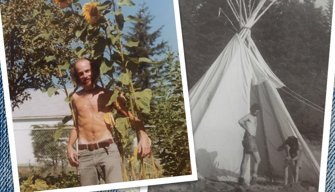 item 9 of Gallery image - two images of the same young man taken in the late 1960s/early 70s. one is a close up shot of the man, shirtless, smiling in front of a row of sunflowers, the other is of the man and another person erecting a tipi