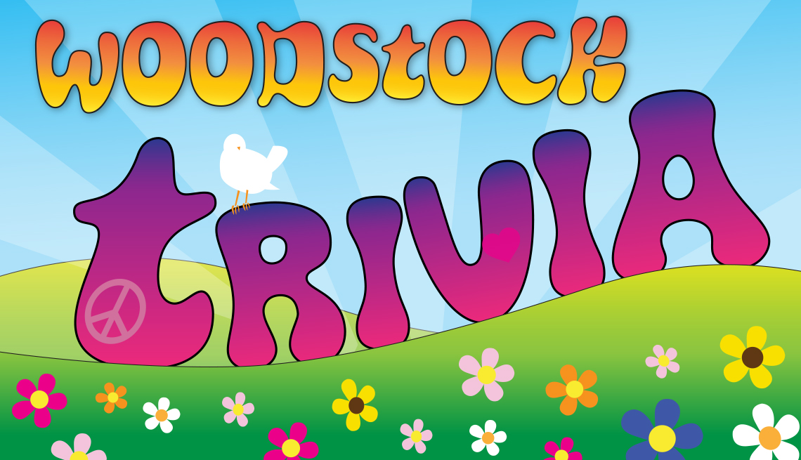 colorful graphic of the words "woodstock trivia" set in a field of flowers surrounded by a dove and peace signs