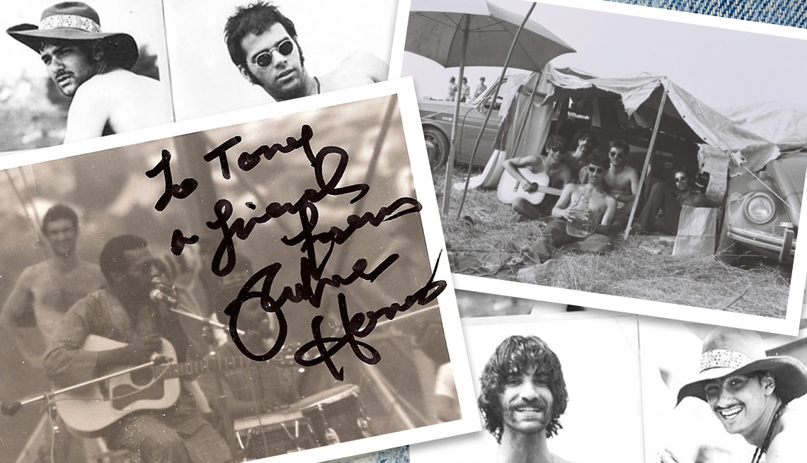 item 10 of Gallery image - collage of photos taken at Woodstock including shots of the photographer and friends, a makeshift campsite shelter of a tarp draped over a volkswagen beetle, and an autographed photo of richie havens