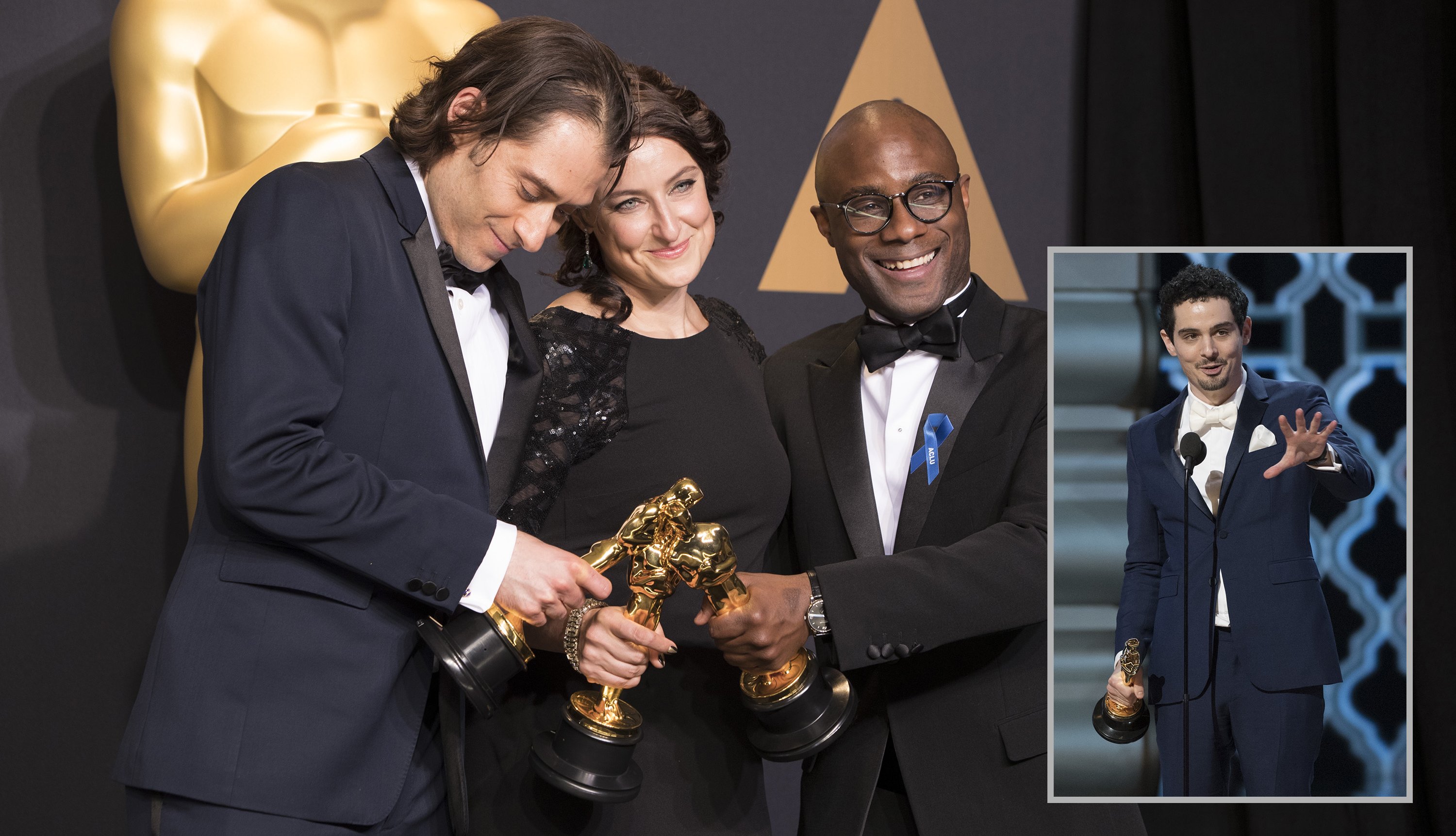 item 10 of Gallery image - moonlight producers jeremy kleiner and adele romanski and director barry jenkins onstage at the 2017 academy awards with an inset of la la land director damien chazelle who was mistakenly given the award in a presenter mixup