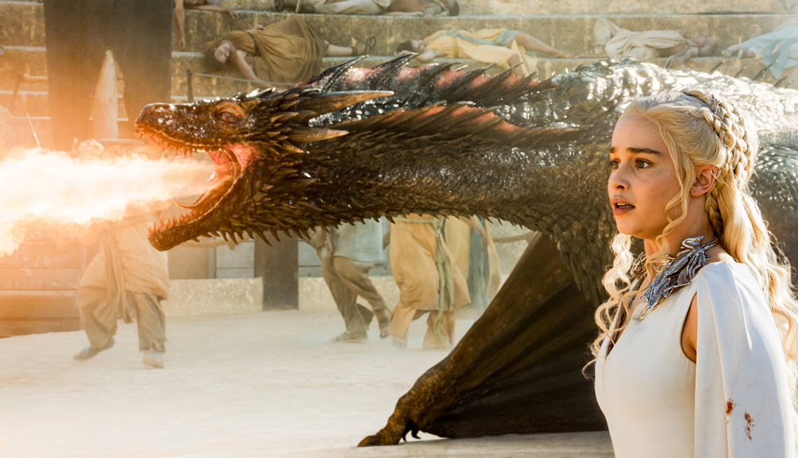 item 1 of Gallery image - still from the h b o show game of thrones with character daenerys targaryen and her dragon drogon breathing fire