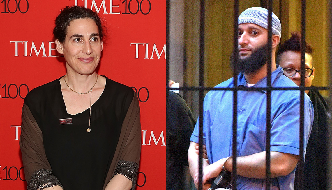 item 5 of Gallery image - compostie image of serial podcast creator sarah koenig and its subject adnan syed showen here in prison