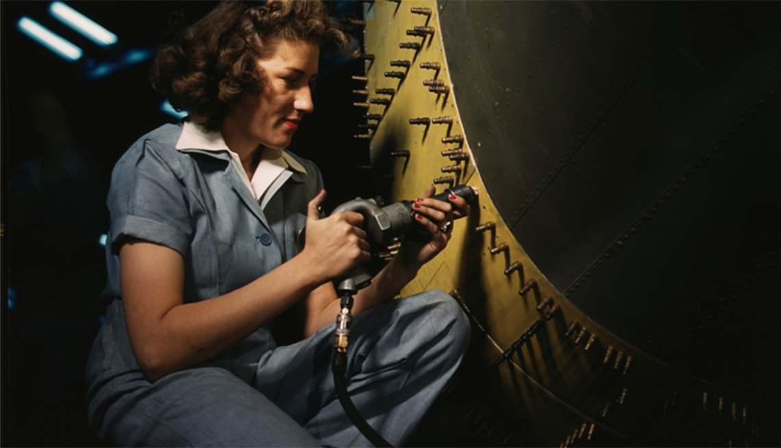 A riveter at work on a Consolidated bomber in October 1942 at Consolidated Aircraft Corp. in Fort Worth, Texas.
