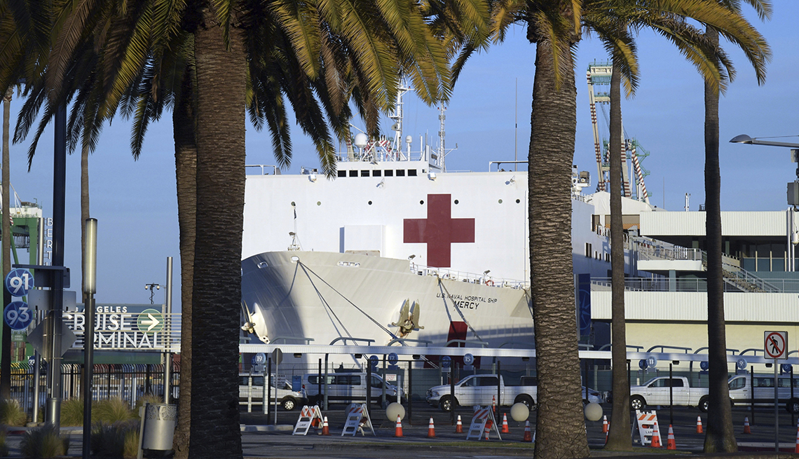 item 3 of Gallery image - hospital ship sitting in port in los angeles california as viewed from shore and flanked by palm trees