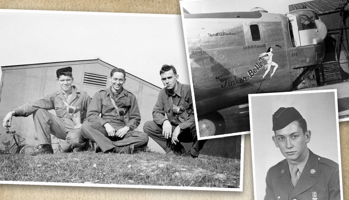 three old photos from world war two collaged one is three soldiers another is the front of a bomber plane named tinker belle and the last is a single soldier portrait