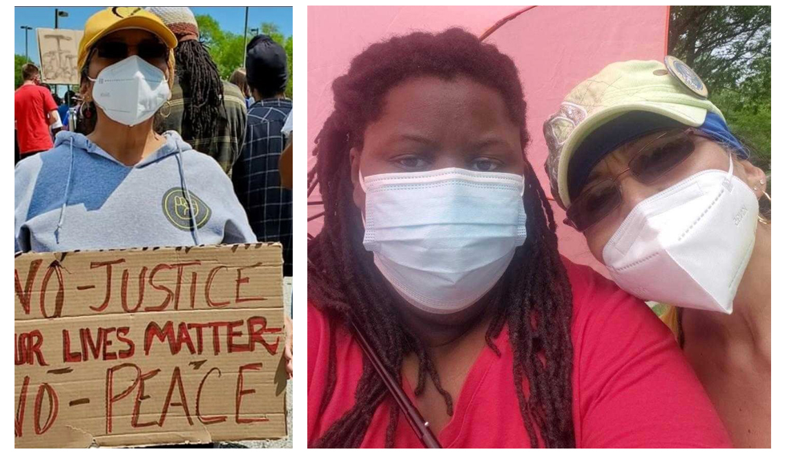 two images of elizabeth palacio attending protests and wearing a covid face mask in one she is holding a sign that says no justice no peace black lives matter and in the other she is under and umbrella with a friend
