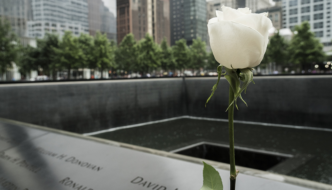 A white rose stands at the nine eleven memorial