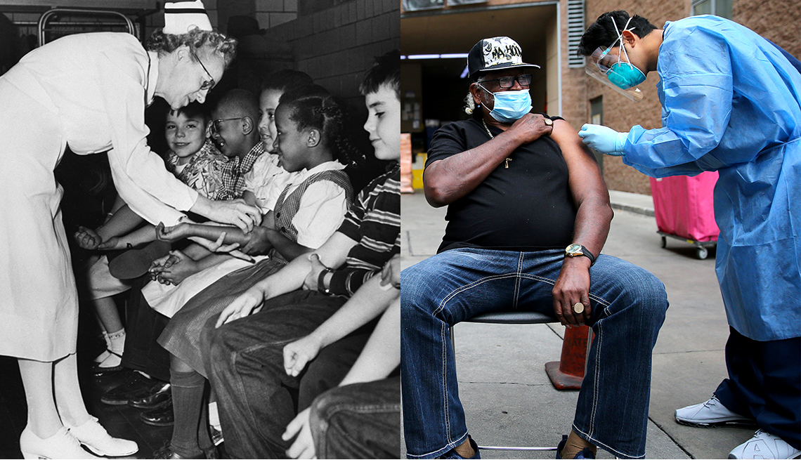 on the left is an image of schoolchildren being vaccinated for polio in the nineteen fifties and on the right is an image of a man in his early seventies getting a covid vaccine current day