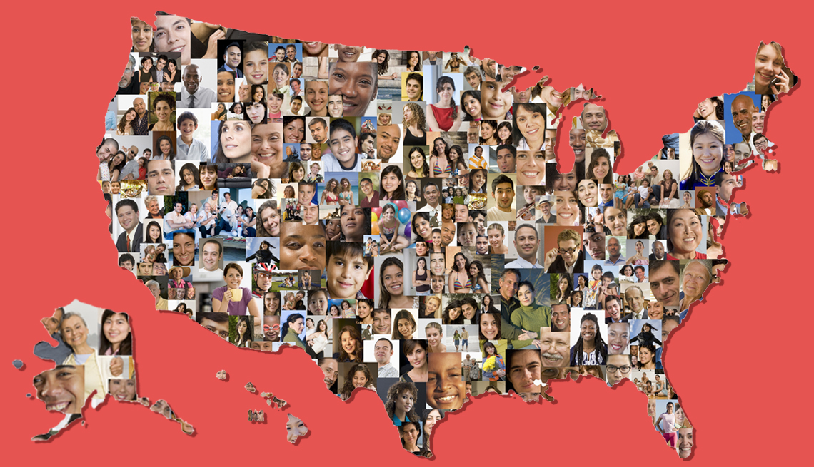 Mapa de Estados Unidos compuesto por fotos de caras de personas
