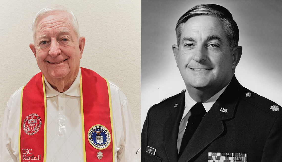 a photo of bob kroener at his commencement ceremony left next to a photo of him in military uniform fifty years earlier right