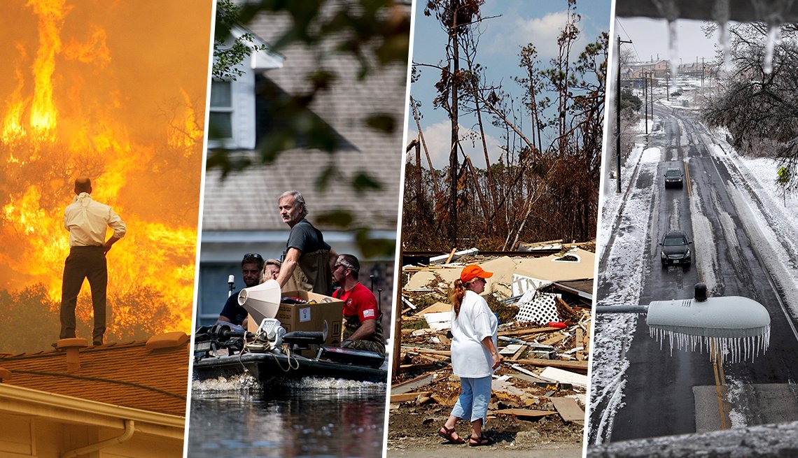 L to R: Springs Fire In Southern California, 2013; South Carolina flooding caused by Hurricane Florence in 2018; aftermath of Hurricane Katrina in Mississippi, 2005; and ice and snow in Texas, 2021.
