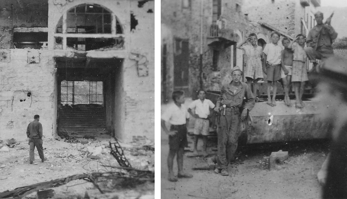 item 5 of Gallery image - left a man standing in front of a ruined building in monte cassino right people standing on a tank in sicily