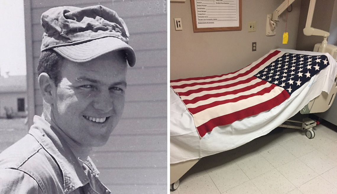 a black and white service photo of john o dowd and a photo of his bed draped in a u s flag after his death