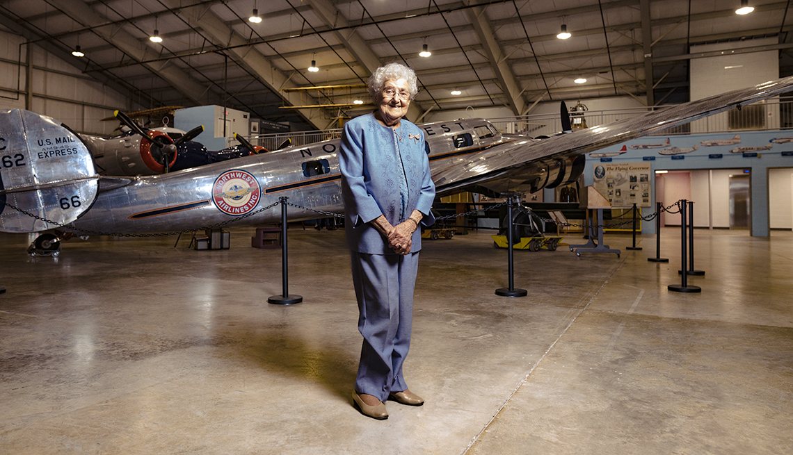 anne fiyalke aged one hundred and one poses in front of a lockheed electra plane at the new england air museum