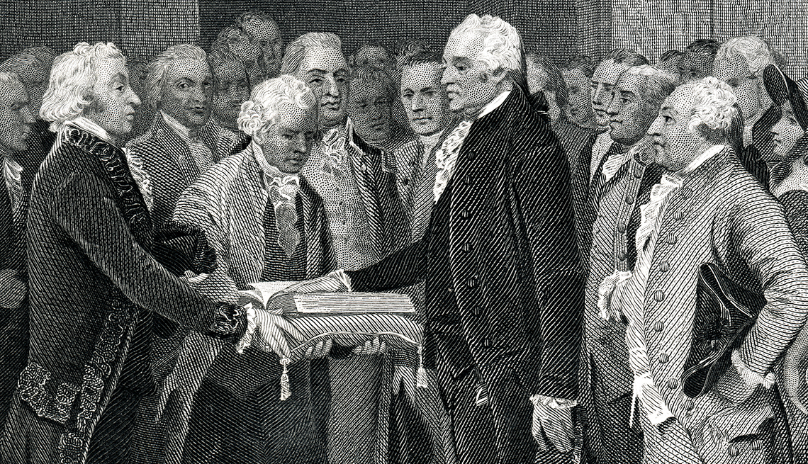 George Washington siendo juramentado como presidente