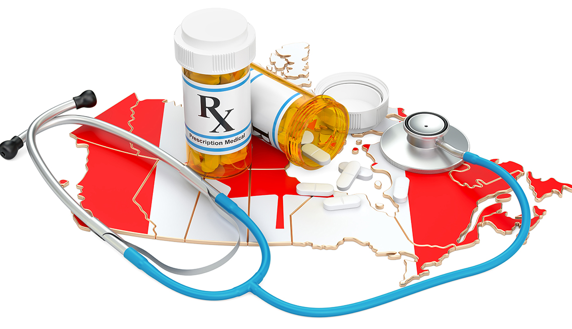 Map of Canada with prescription drugs and a stethoscope
