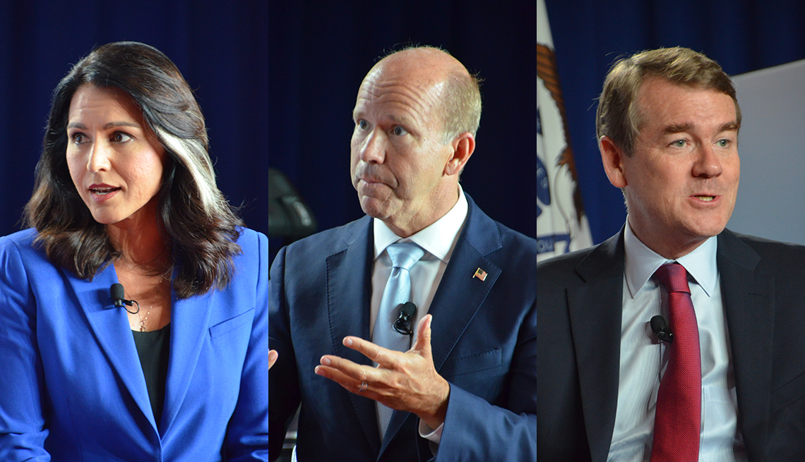 photos of candidates Tulsi Gabbard, John Delaney, and Michael Bennet at the July 17 Iowa forum