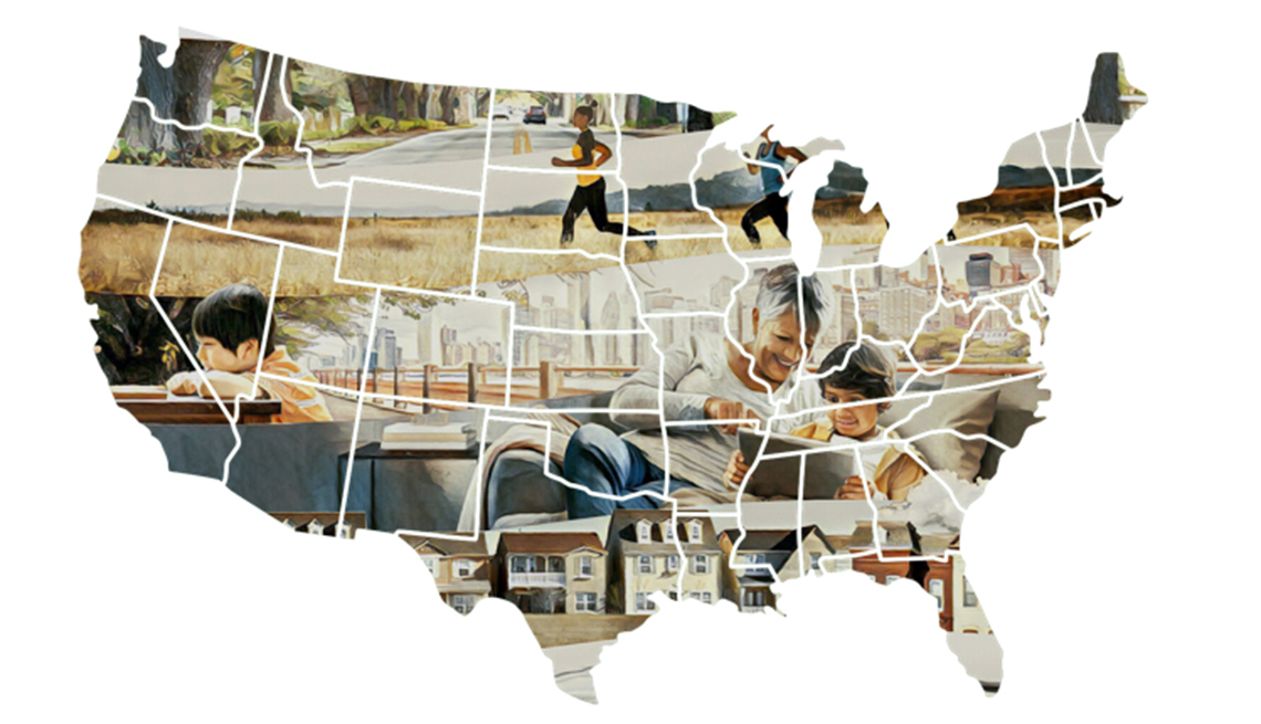 US map with images of people in the background