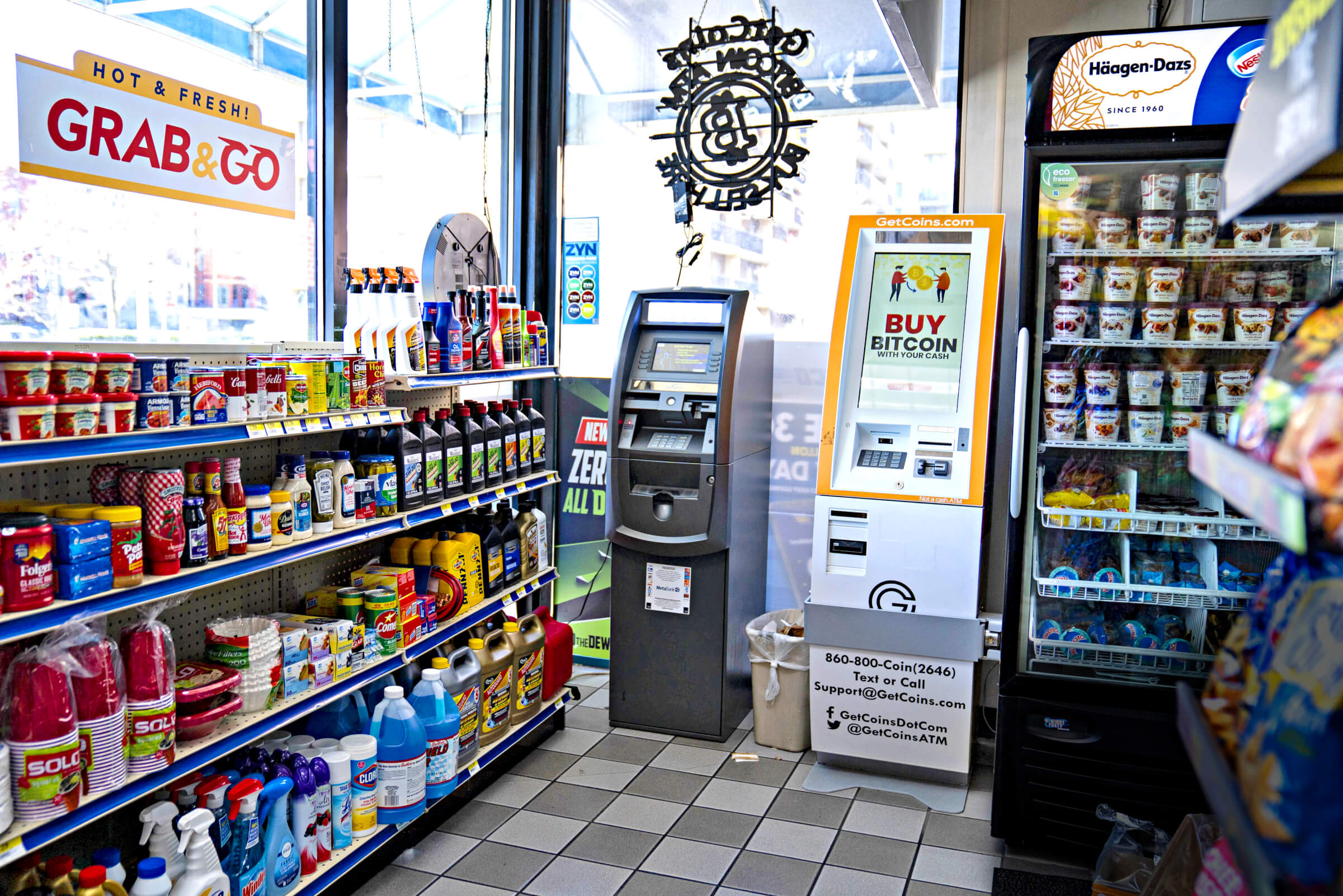 Photo of a Bitcoin automated teller machine in a gas station mini-mart