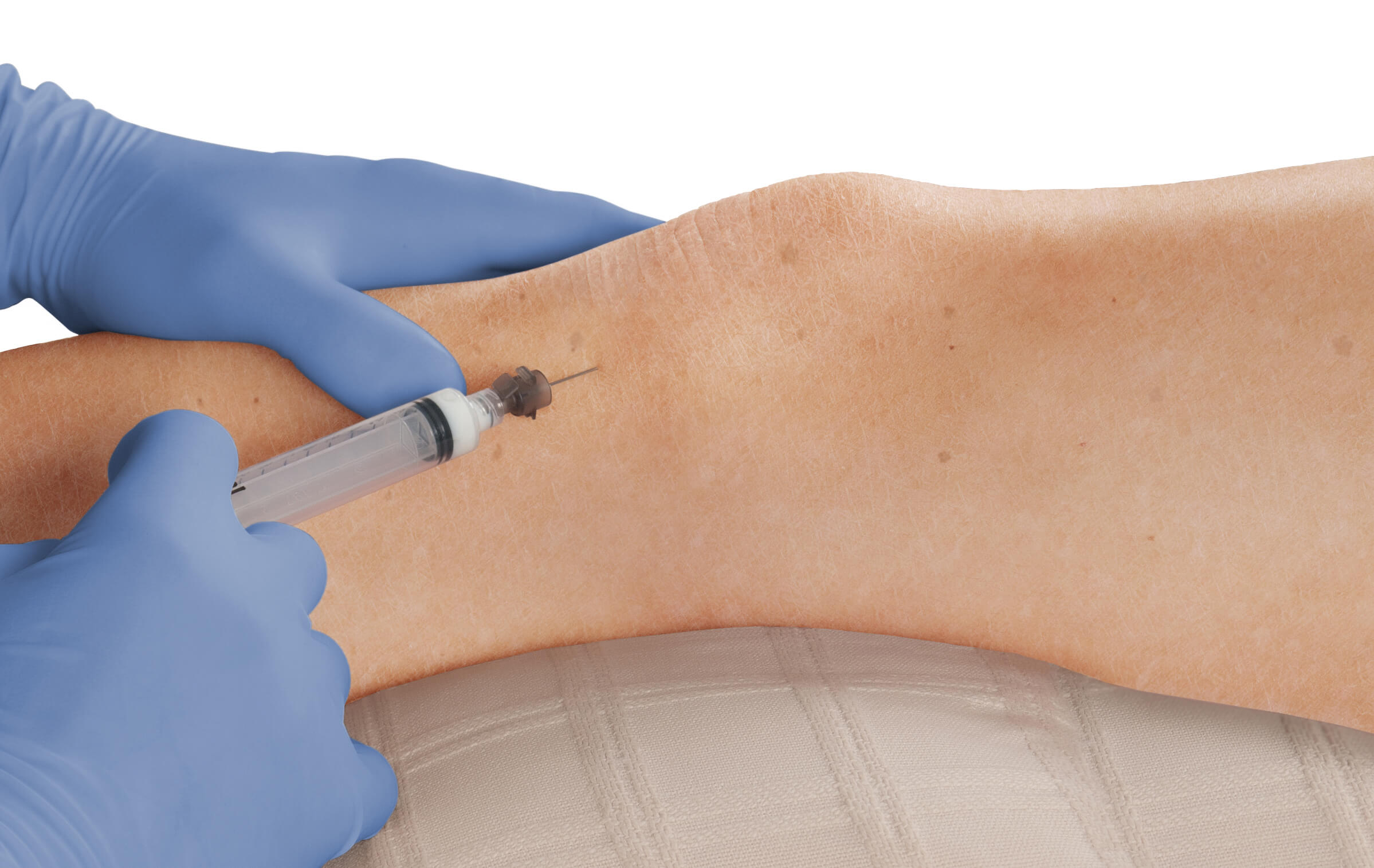 Photo of a surgical-gloved hand administering a shot into a person's knee