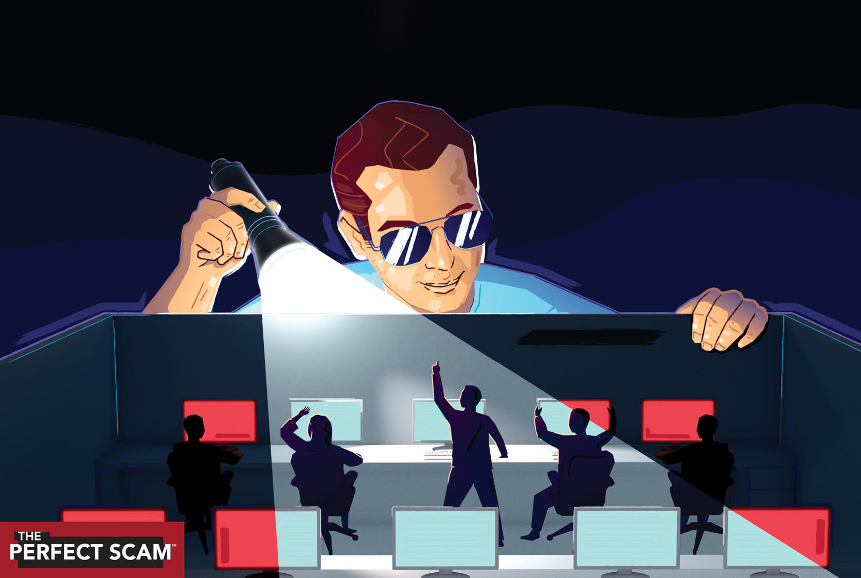 Conceptual illustration of a man shining a flashlight on fraudsters at computers