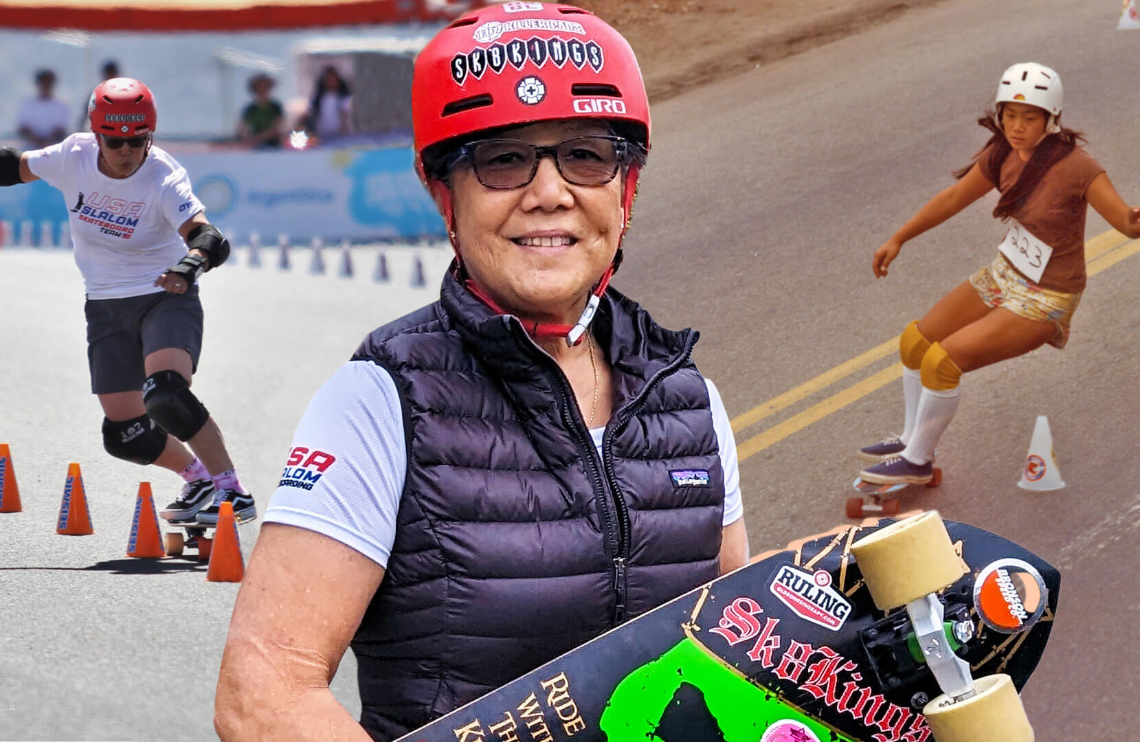 Photo of an older woman holding a skateboard