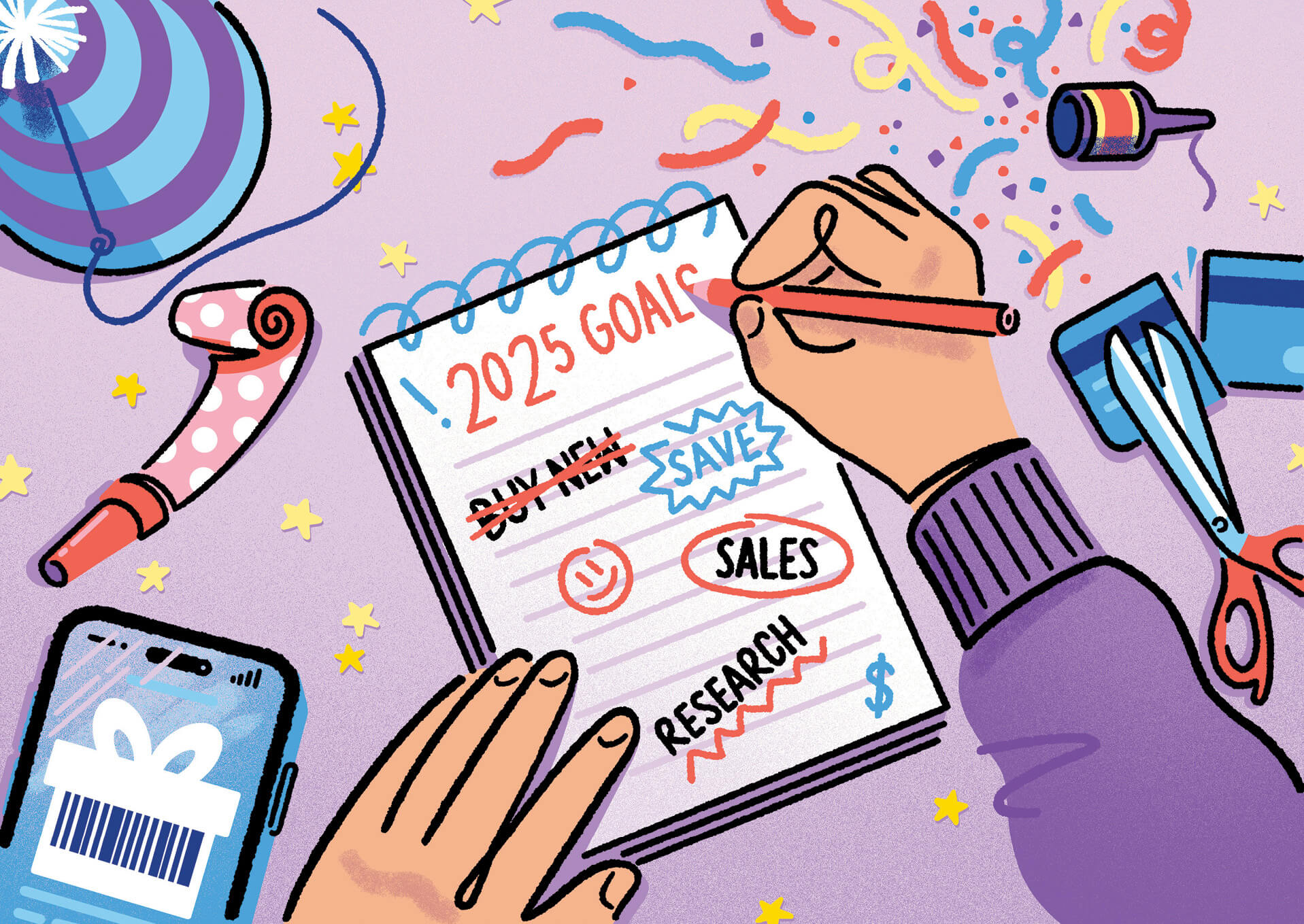 Illustration of a handwriting a financial new year's resolutions list. Coupons and a cut credit card are also on the table.