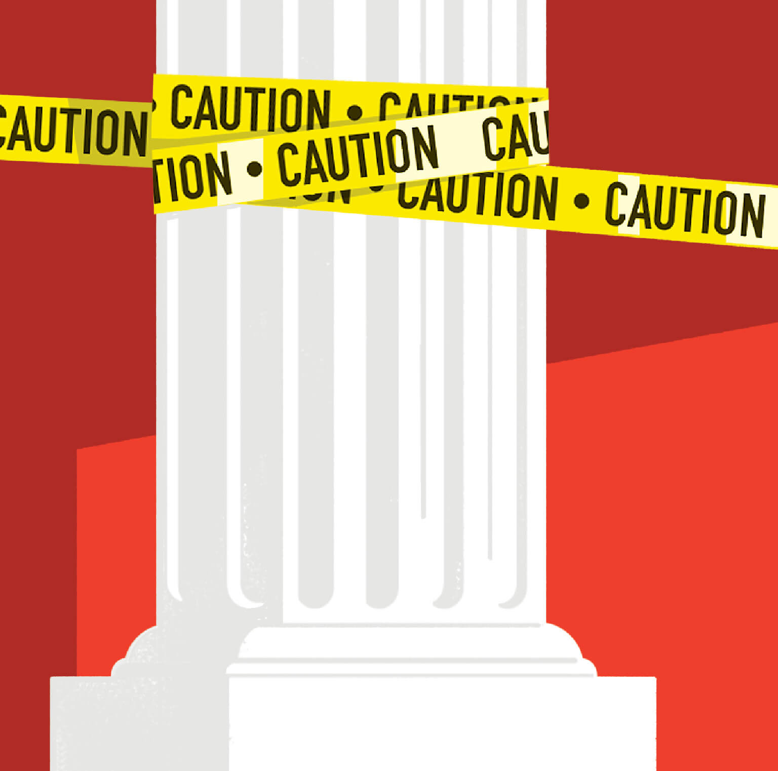 Illustration of a financial institution column with CAUTION tape wrapped around it