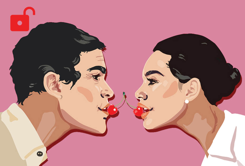 Illustration of a man and woman holding a pair of cherries in their mouths