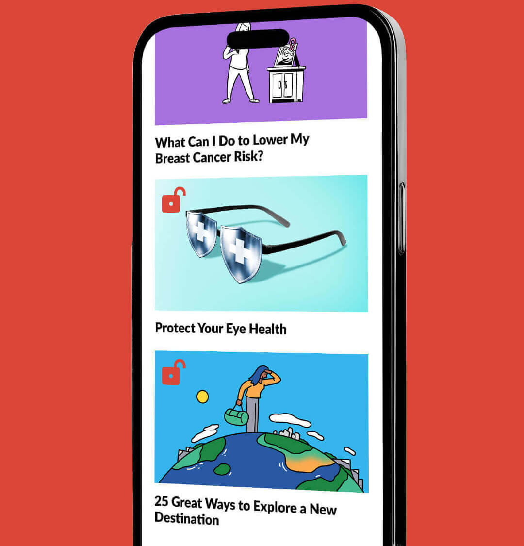 Photo of smart phone with three article thumbnails on screen