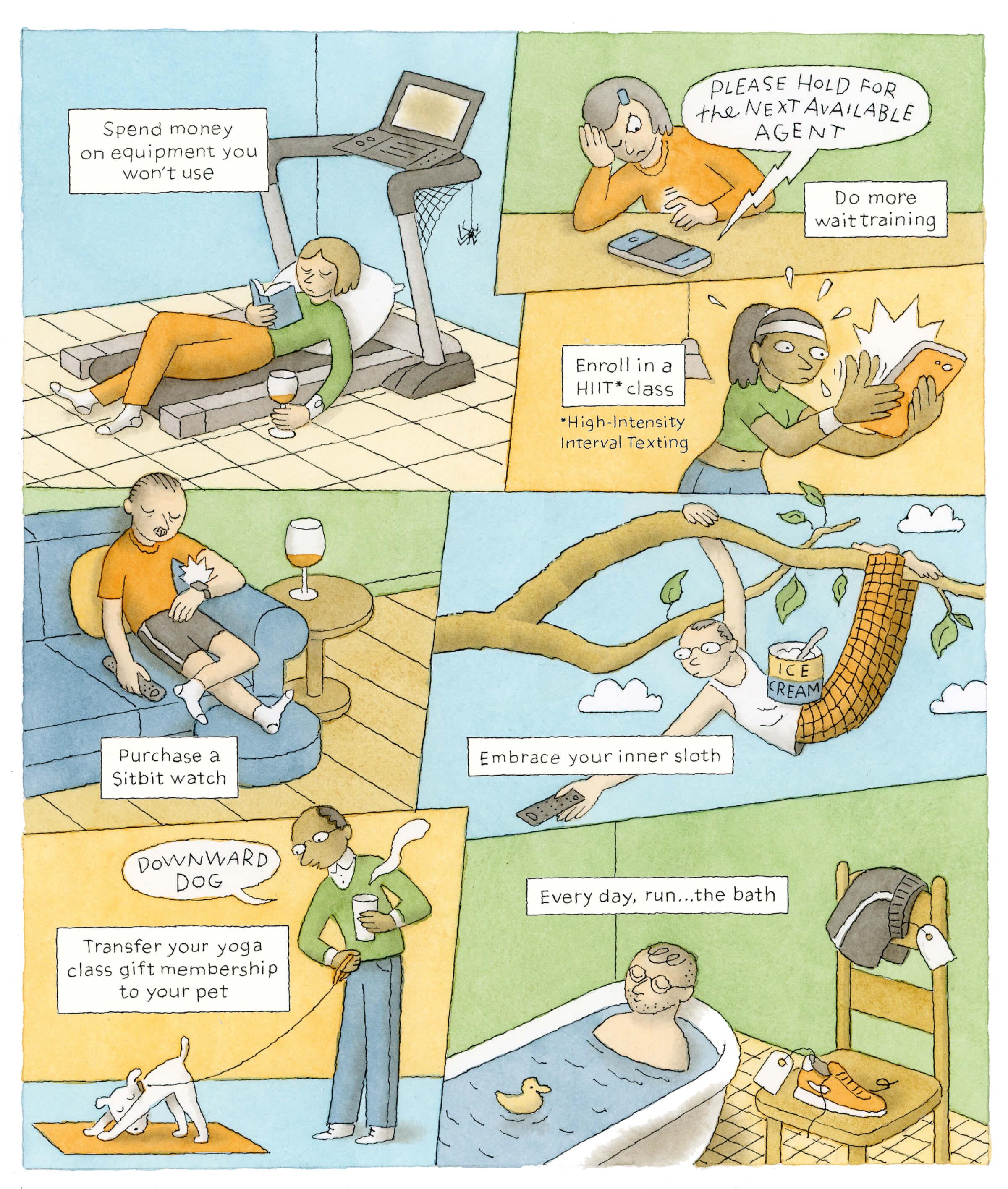 Full page illustration of various humorous new year's resolutions.