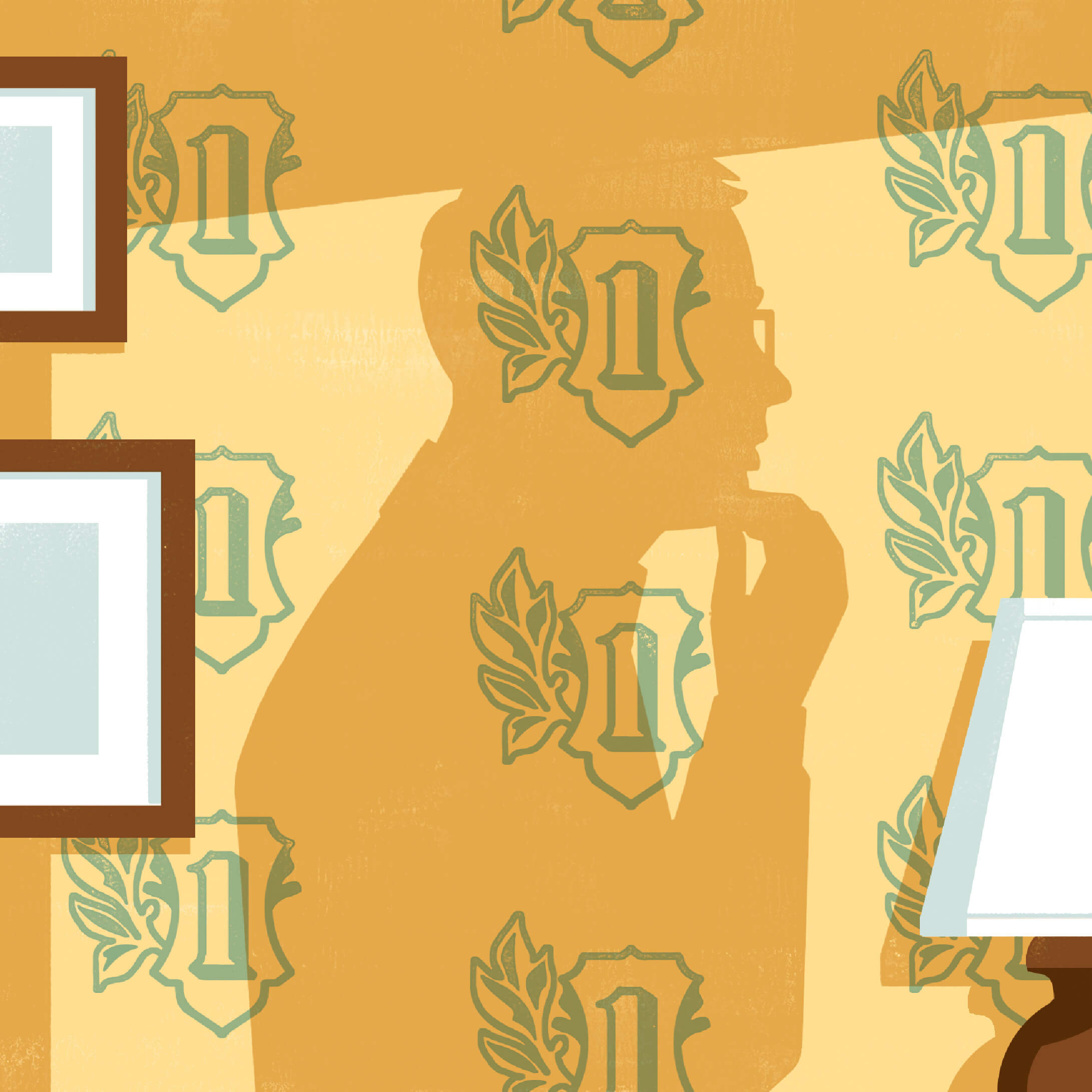 Illustration of a living room wall with dollar sign wallpaper. The shadow of a man thinking is cast on the wall