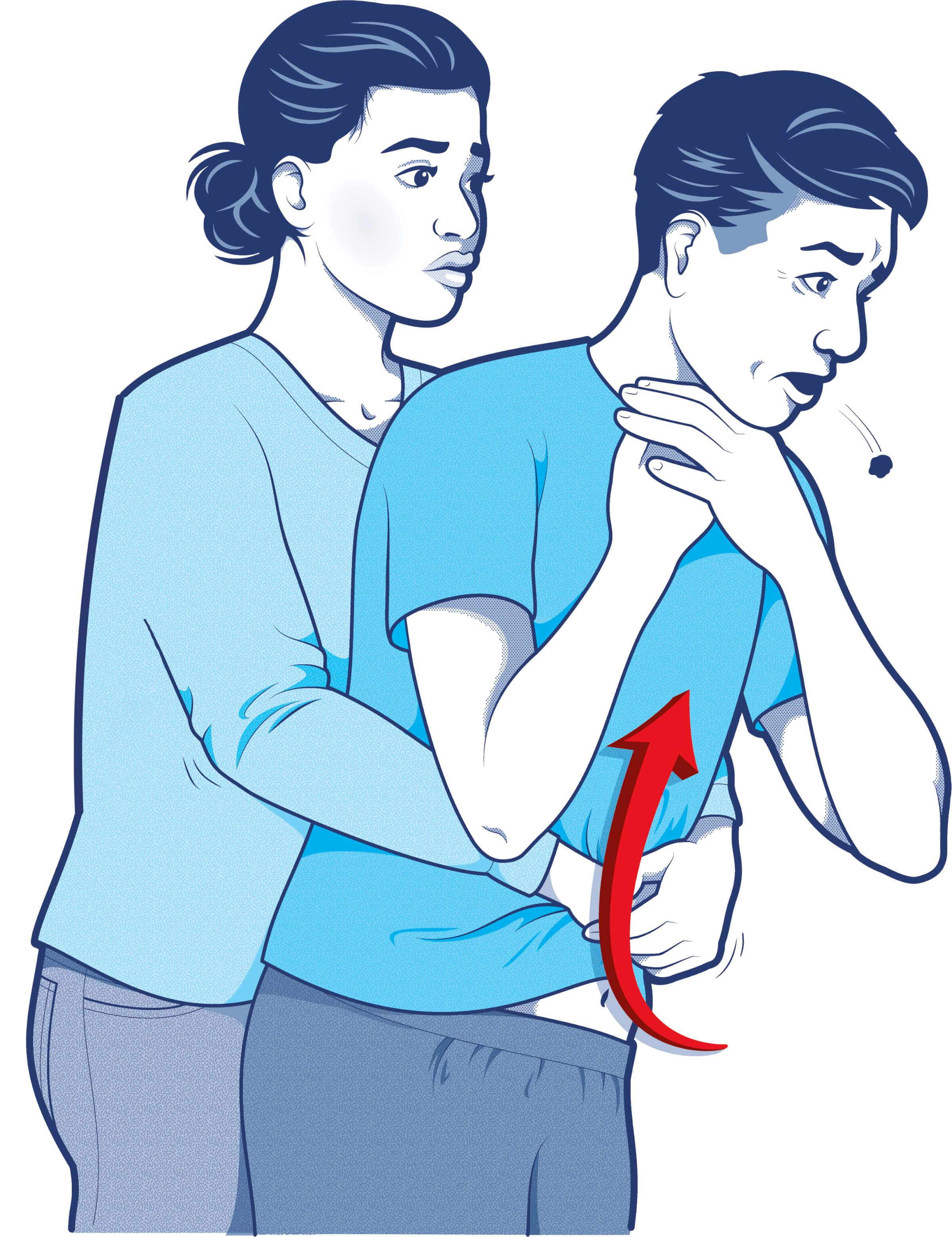 Illustration of a woman performing the Heimlich maneuver on a man