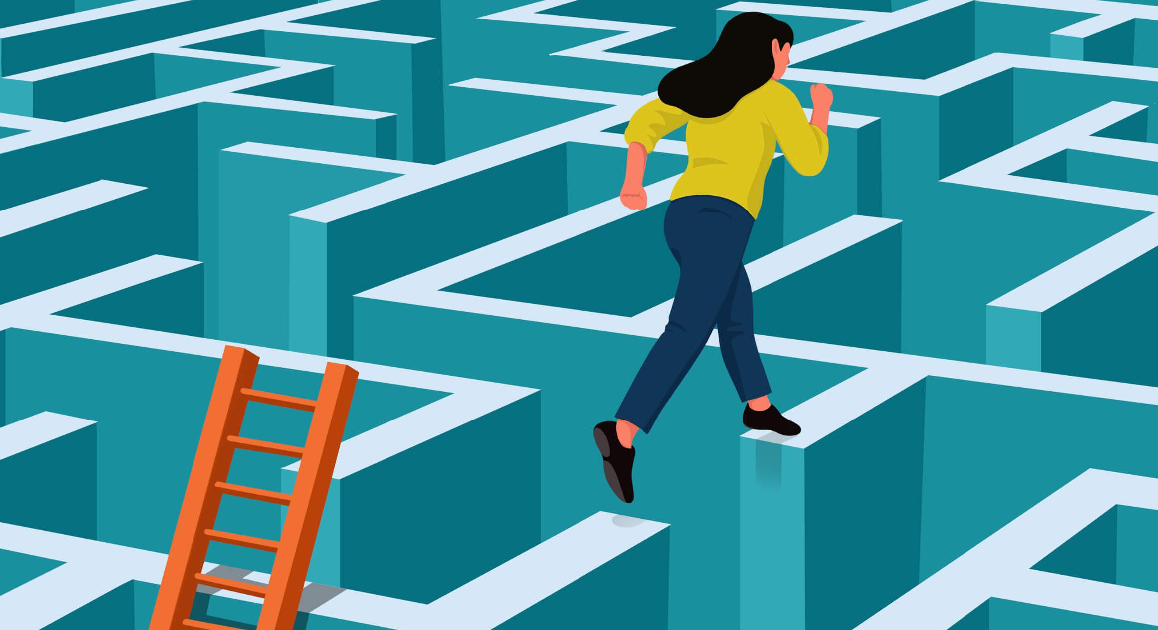 Illustration of a woman walking on top of a maze, a ladder is behind her