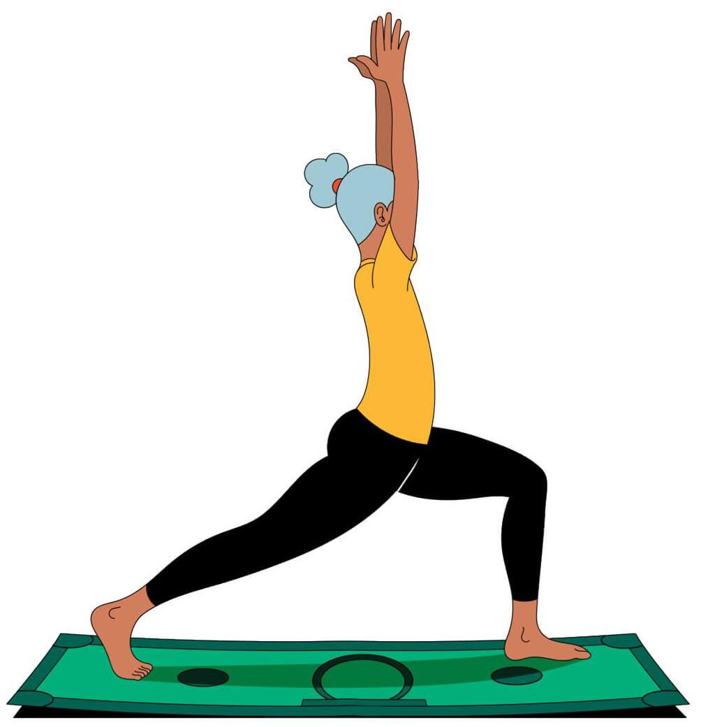 Illustration of a woman doing a yoga pose, her mat is a dollar bill