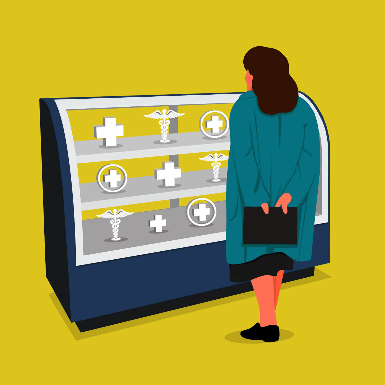 Illustration of a woman standing in front of a display case, different medical symbols are inside