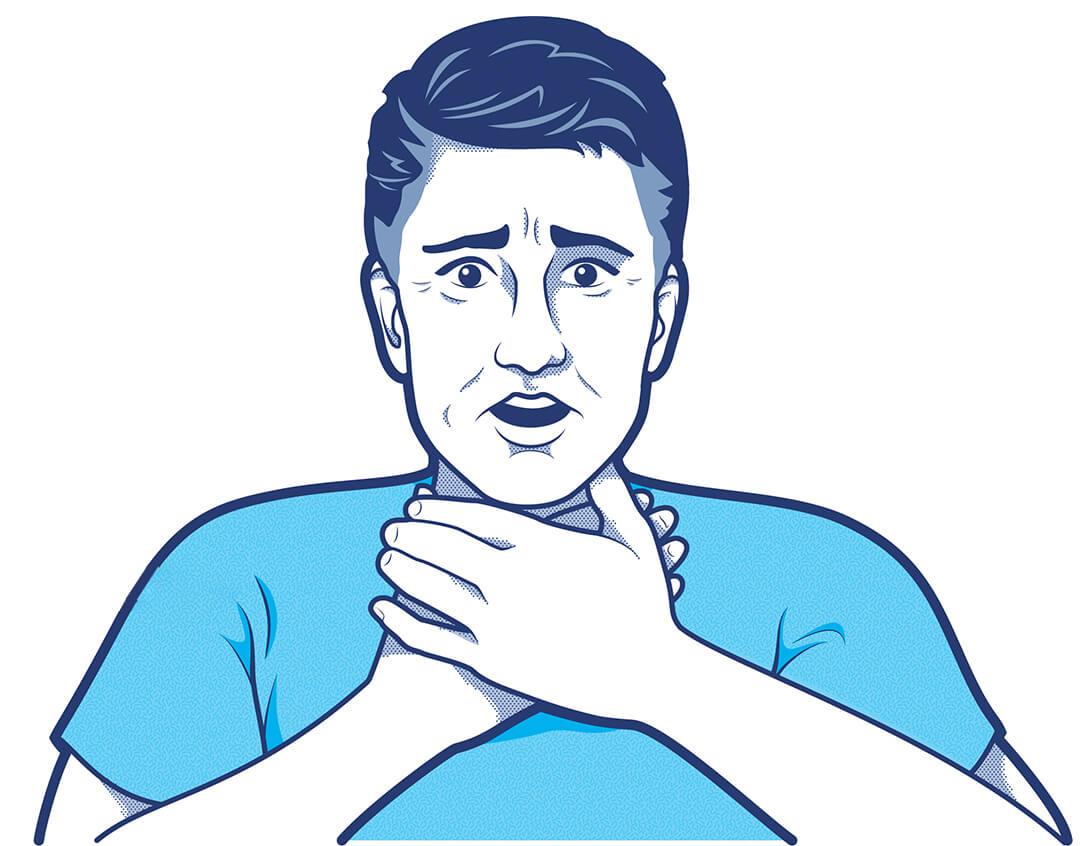 Illustration of a man holding his throat in panic